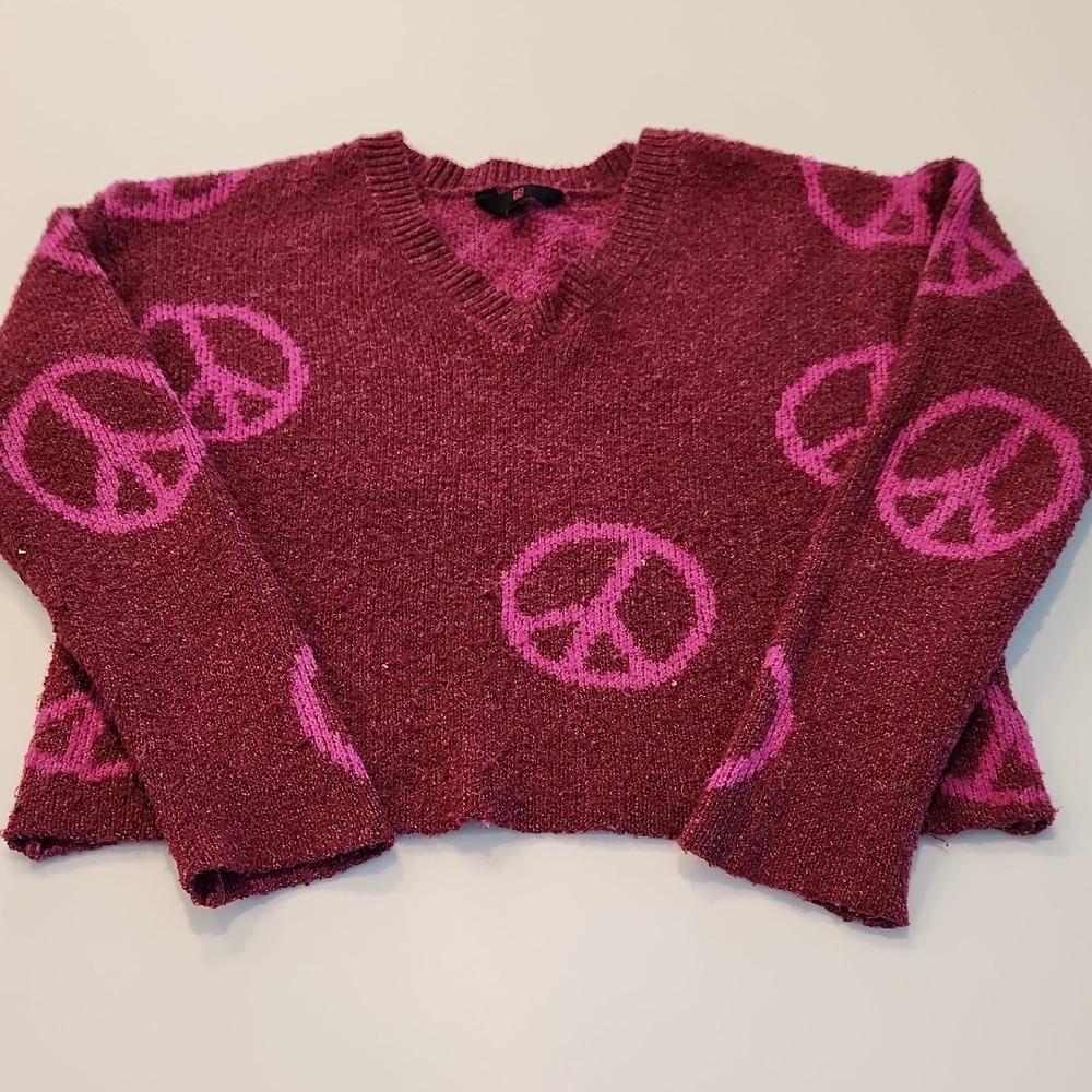Women's Peace Sign Sweater - Burgundy and Pink SZ SMALL CROPPED